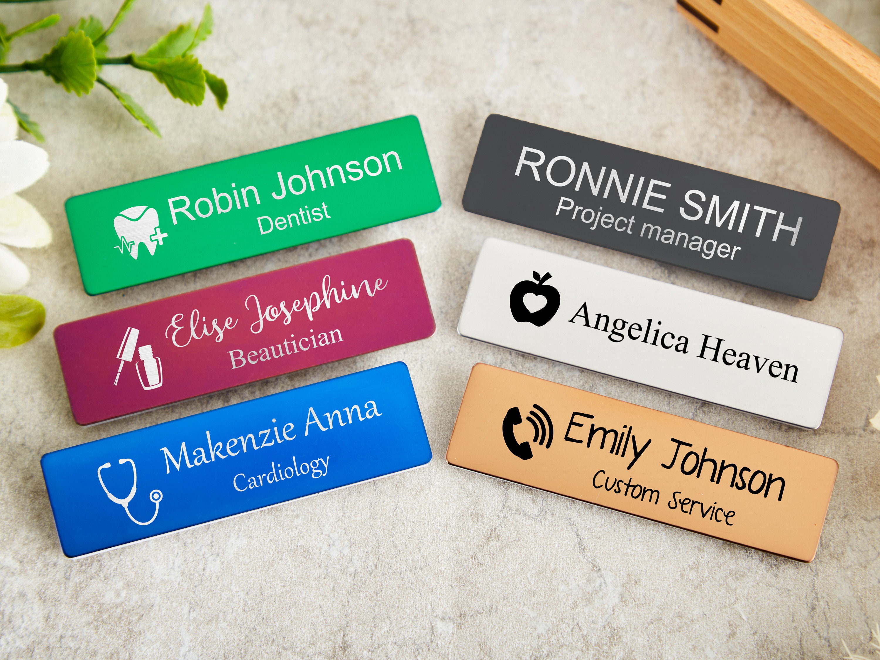 Engraved Name Tag with Industry Logo Name Badges with Pin or Magnetic Name Tags for Business or Work Personalized Teacher Stylist ID Badge