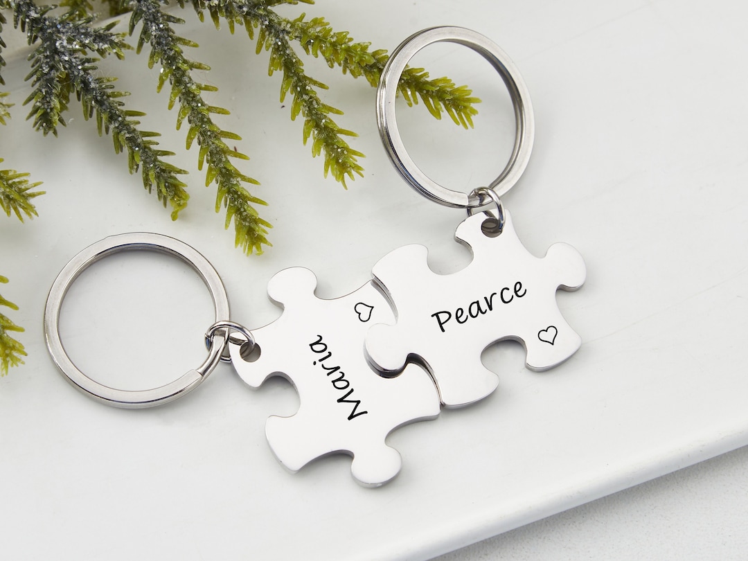 Personalized Puzzle Key Chain With Names Couples Key Chain Set Puzzle