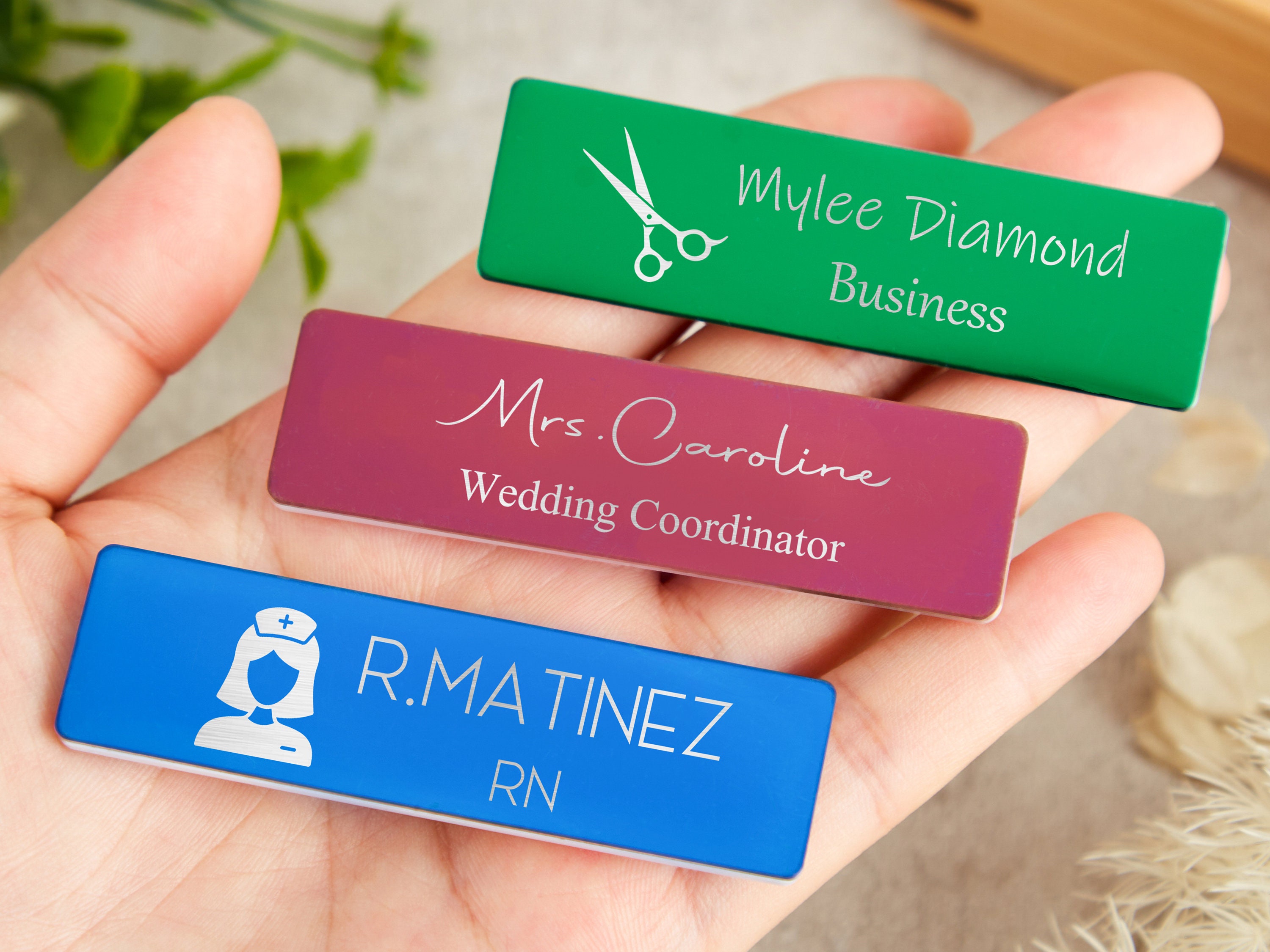 Engraved Name Tag with Industry Logo Name Badges with Pin or Magnetic Name Tags for Business or Work Personalized Teacher Stylist ID Badge