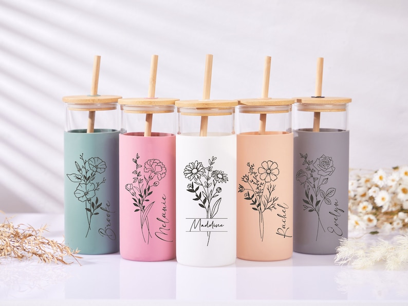 Engraved Glass Tumbler With Bamboo Lid and Straw,custom Birth Flower