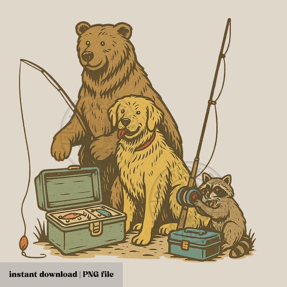 Retro Fishing Shirt Clipart: Bear, Raccoon & Dog (PNG Digital Download)