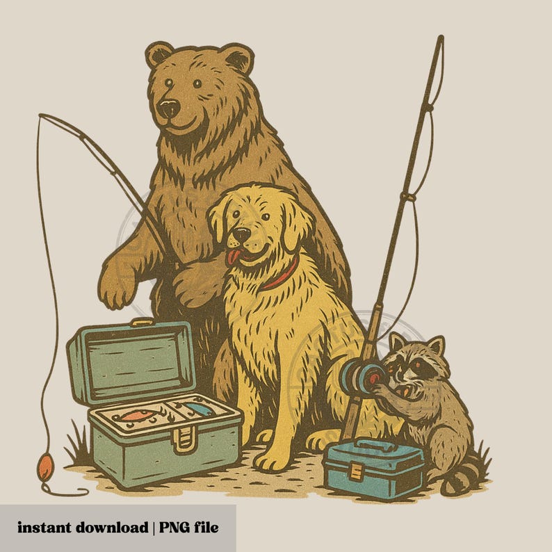 Peut inclure: Illustration fantaisiste d'un ours, d'un golden retriever et d'un raton laveur p&ecirc;chant ensemble. L'ours et le chien tiennent des cannes &agrave; p&ecirc;che, tandis que le raton laveur manie le moulinet. Une bo&icirc;te &agrave; p&ecirc;che verte est ouverte, r&eacute;v&eacute;lant des leurres. Le texte "instant download | PNG file" est en bas.