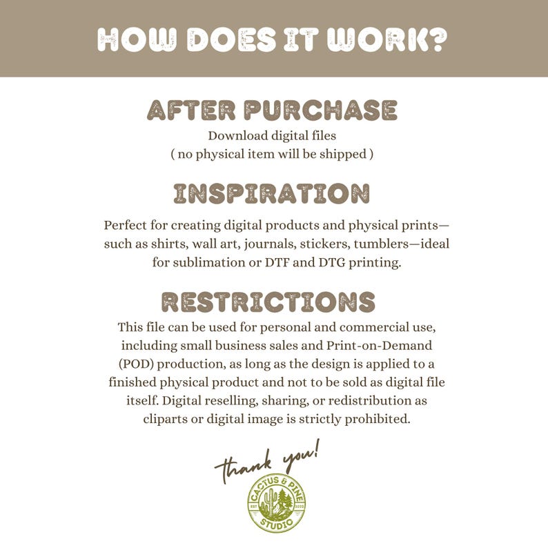 Peut inclure: Graphique beige avec le texte &laquo;&nbsp;HOW DOES IT WORK&nbsp;?&nbsp;&raquo; et des informations sur les t&eacute;l&eacute;chargements de fichiers num&eacute;riques, l'inspiration pour la cr&eacute;ation de produits et les restrictions d'utilisation. L'image comprend un logo &laquo;&nbsp;CACTUS & PINE STUDIO&nbsp;&raquo;.