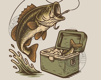 Clipart Retro Bass Fishing PNG : vintage Fisherman Design (téléchargement instantané)
