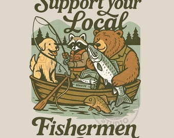 Chemise de pêche rétro PNG : rigolote ours, raton laveur, retriever design (téléchargement numérique)