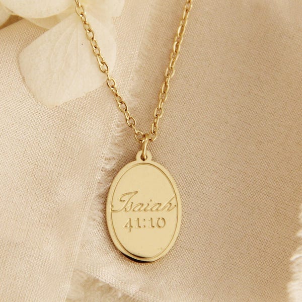 Jesaja 41:10 Halsband, Frukta inte, ty jag är med dig Halsband, Kristen Smyckesgåva, Ovalt Skrift Halsband, Kristen Gåva