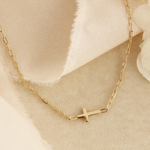 Sideways Paperclip Chain Cross Necklace, Christian Cross Necklace, Christian Faith Jewelry, Christian Gift, Gold Cross Silver Cross Necklace