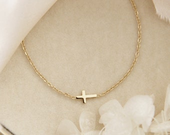 Dainty Sideways Cross Bracelet, Delicate Gold Cross Bracelet, Tiny Cross Bracelet, Christian Faith Jewelry Gift, Everyday Cross Bracelet