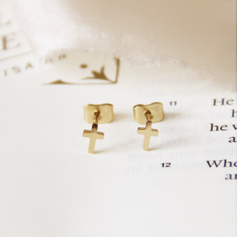 Tiny Cross Stud Earrings, Cross Jewelry, Christian Jewelry Earrings, Dainty Everyday Cross Studs, Gold Cross Earrings, Silver Cross Earrings image 1