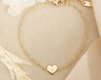 Tiny Heart Cross Bracelet, Delicate Engraved Cross Heart Bracelet, Tiny Cross Bracelet, Christian Jewelry Gift, Everyday Cross Bracelet