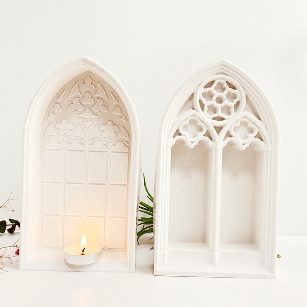 Concrete Houses Window Church, Silicone Molds, Tealight Candle Holder Mold, Gypsum Mold, Decor