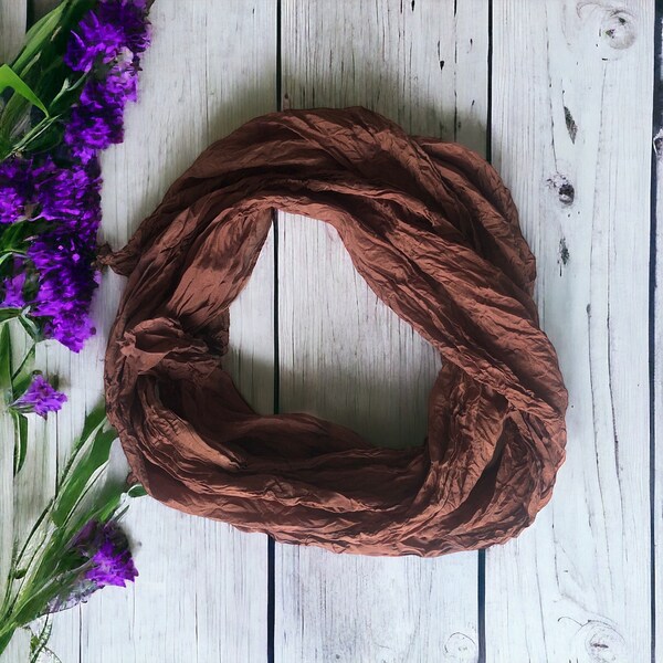 Rusty Brown Scarf, Crinkled, Hand Dyed with Natural Botanic Extract, 11 x 60 inches