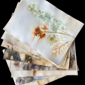 Papier imprimé et teint en utilisant des plantes et de la rouille - Impressions écologiques - 8 feuilles pour les journaux indésirables, la fabrication de collages, les projets artistiques techniques mixtes, etc.