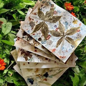 Papier imprimé et teint à l'aide de plantes - Impressions écologiques - 8 feuilles pour les journaux indésirables, la réalisation de collages, les projets artistiques techniques mixtes, etc.