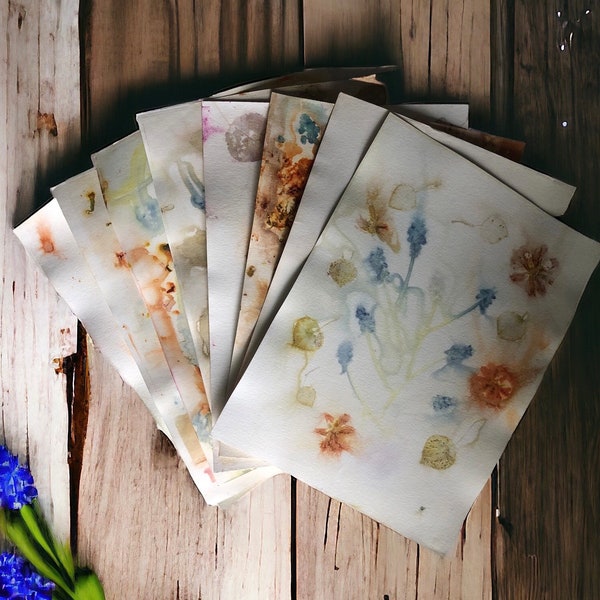 Decorative Paper Made With Plant Dye - Eco Prints - 8 sheets for junk journals, collage making, mixed media art projects, etc.