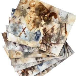 Papier imprimé et teint en utilisant des plantes et de la rouille - Impressions écologiques - 8 feuilles pour les journaux indésirables, la fabrication de collages, les projets artistiques techniques mixtes, etc.