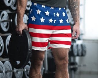 Shorts esportivos reciclados com bandeira americana e bandeira patriótica dos EUA, 4 de julho, Dia da Independência