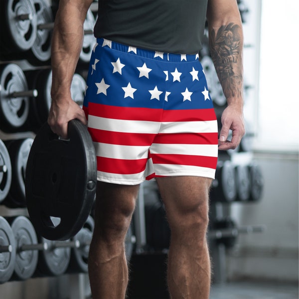 4th of July Independence Day Recycled Athletic Shorts, Mens American Flag Shorts, USA Flag Patriotic Shorts