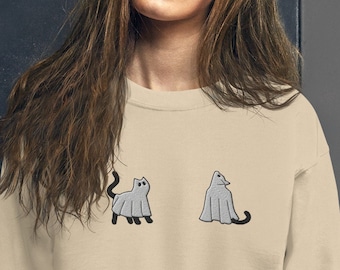 Two Ghost Cats Embroidered Halloween Sweatshirt Black Ghost Cats Pullover Spooky Halloween Sweater Cute Cat Sweatshirt