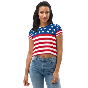 4th of July Independence Day Crop Tee Womens American Flag T-Shirt USA Patriotic Flag Shirt