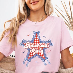 American Girly Coquette 4th of July Girl T-Shirt for Independence Day Tee for Women Red White Blue Patriotic Tee Girls Fourth of July Shirt