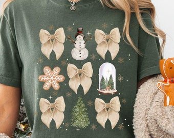 Trendy Christmas Comfort Colors T-Shirt with Coquette Aesthetic, Bow Christmas Sweatshirt, Christmas Tree Sweatshirt, Girly Christmas Shirt