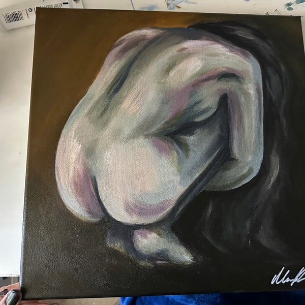 Painting of Woman Curled Up | Small Artist Acrylic Painting 14x14 Stretched Canvas | Expressionist Art of Women | Meaningful Art