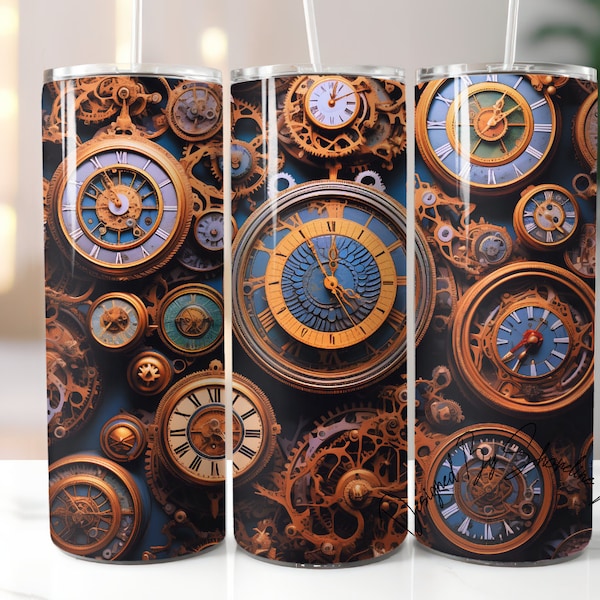 Horloges Steampunk 20 oz Straight Tumbler Wrap- Sublimation Tumbler Design- Clock Tumbler Wrap PNG- Téléchargement numérique- Straight Tumbler Wrap