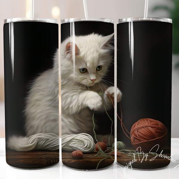 Fil et chat 20 oz Tumbler Wrap - Craft Cat Design PNG - Cat Digital Download - Cat Skinny Straight Sublimation Design - ST 436