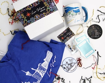 Ultimative Las Vegas Souvenir-Geschenkbox, komplett mit Las Vegas T-Shirt, Las Vegas Becher, Las Vegas Schnapsglas und echten Gebrauchten Kasinokarten & Würfeln