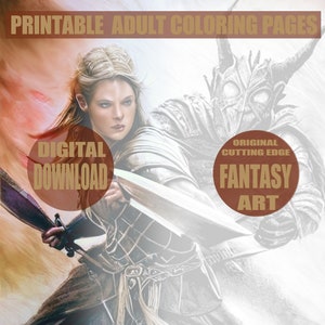 Adult Coloring Page/Fantasy Art/Elven Warrior/Digital Coloring Page/Downloadable Grayscale Illustration/World of Warcraft/Lord of the Rings