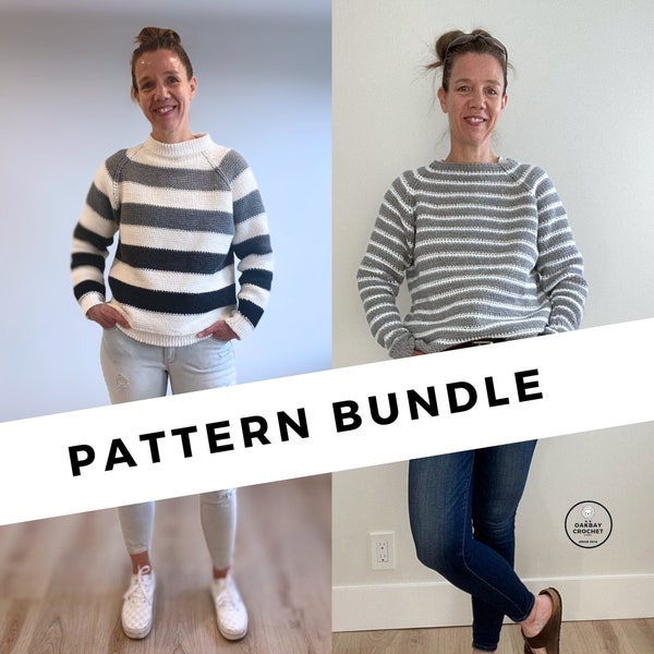 BUNDLE - 2 CROCHET PATTERNS ⨯ Top down raglans, striped, pullovers ⨯ sweaters ⨯ mock neck