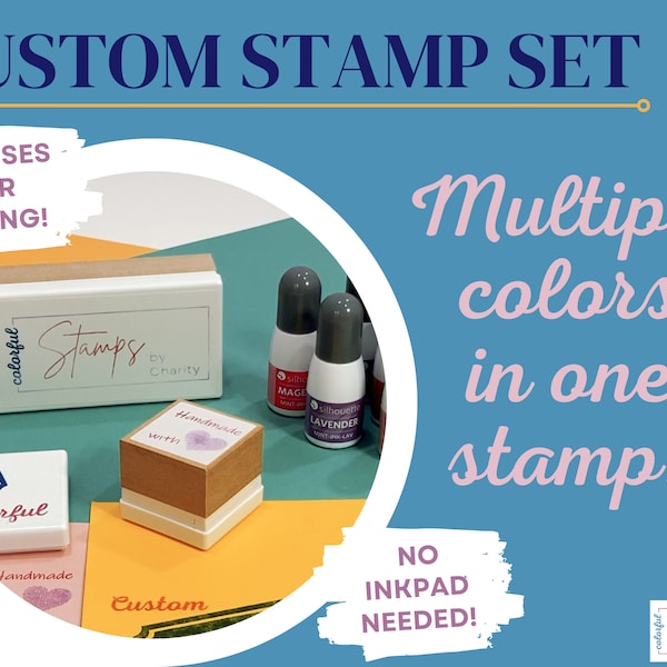 Multi-Color and Pre-Inked Custom Stamp Set, includes wood block, personalized stamp, and 2 ink colors