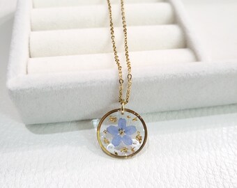 Forget Me Not Necklace, Minimalist Pressed Flower Necklace, Dainty Floral Necklace, Real Flower Jewelry, Bridesmaid Jewelry Gift for Women