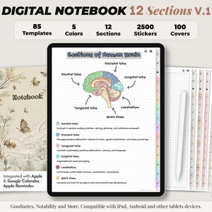 デジタル ノートブック、デジタル ノート、学生用ノートブック、ジャーナル、Notability テンプレート、GoodNotes テンプレート、iPad ノートブック - 12 セクション ノートブック V1