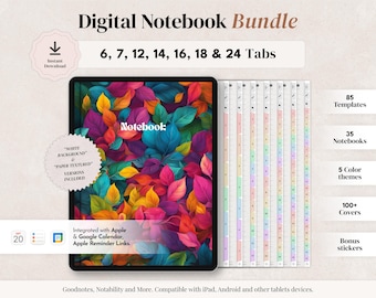 Digital Notebook Bundle - 6, 7, 12, 14, 16, 18, 24 Tabs, Goodnotes Notability Templates, Hyperlinked notebook for iPad and Android tablets.