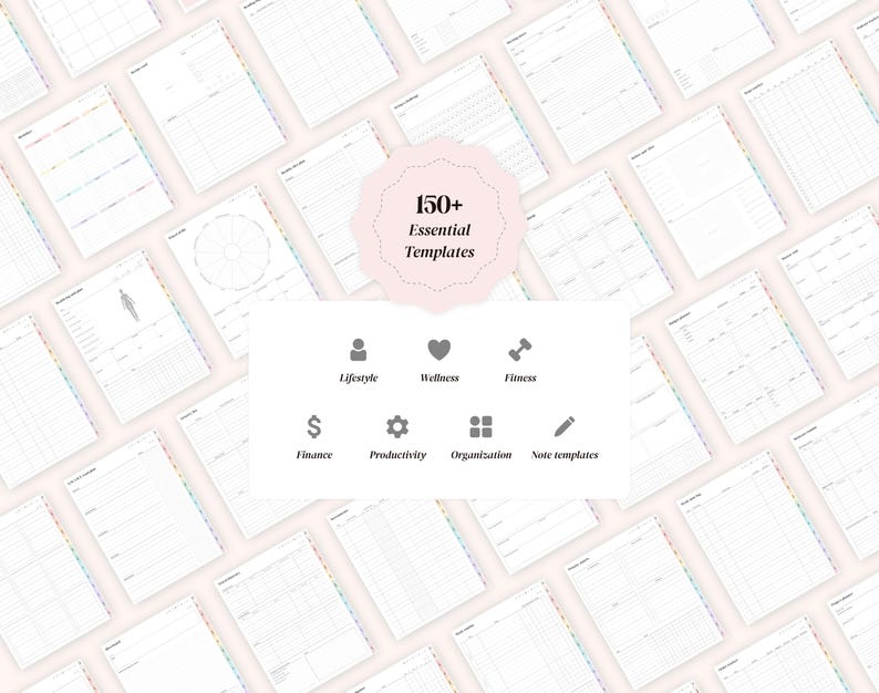 Może przedstawiać: Kolekcja białych stron planera z tęczowymi zakładkami, ułożonych pod kątem. R&oacute;żowa odznaka głosi "150+ Essential Templates". Widoczne są r&oacute;wnież ikony stylu życia, dobrego samopoczucia, fitnessu, finans&oacute;w, produktywności, organizacji i notatek.