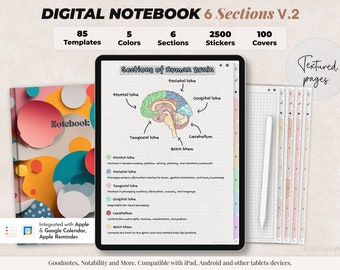 Digital Notebook, Digital Notes, Student notebook, Journal, Notability template, goodnotes template, iPad Notebook - 6 sections Notebook V2
