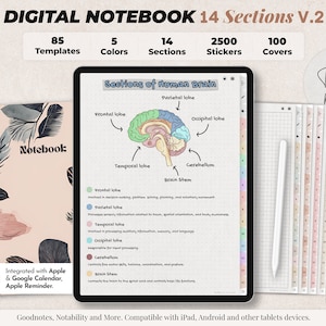 Digital Notebook, Digital Notes, Student notebook, Journal, Notability template, goodnotes template, iPad Notebook - 14 sections Notebook V2