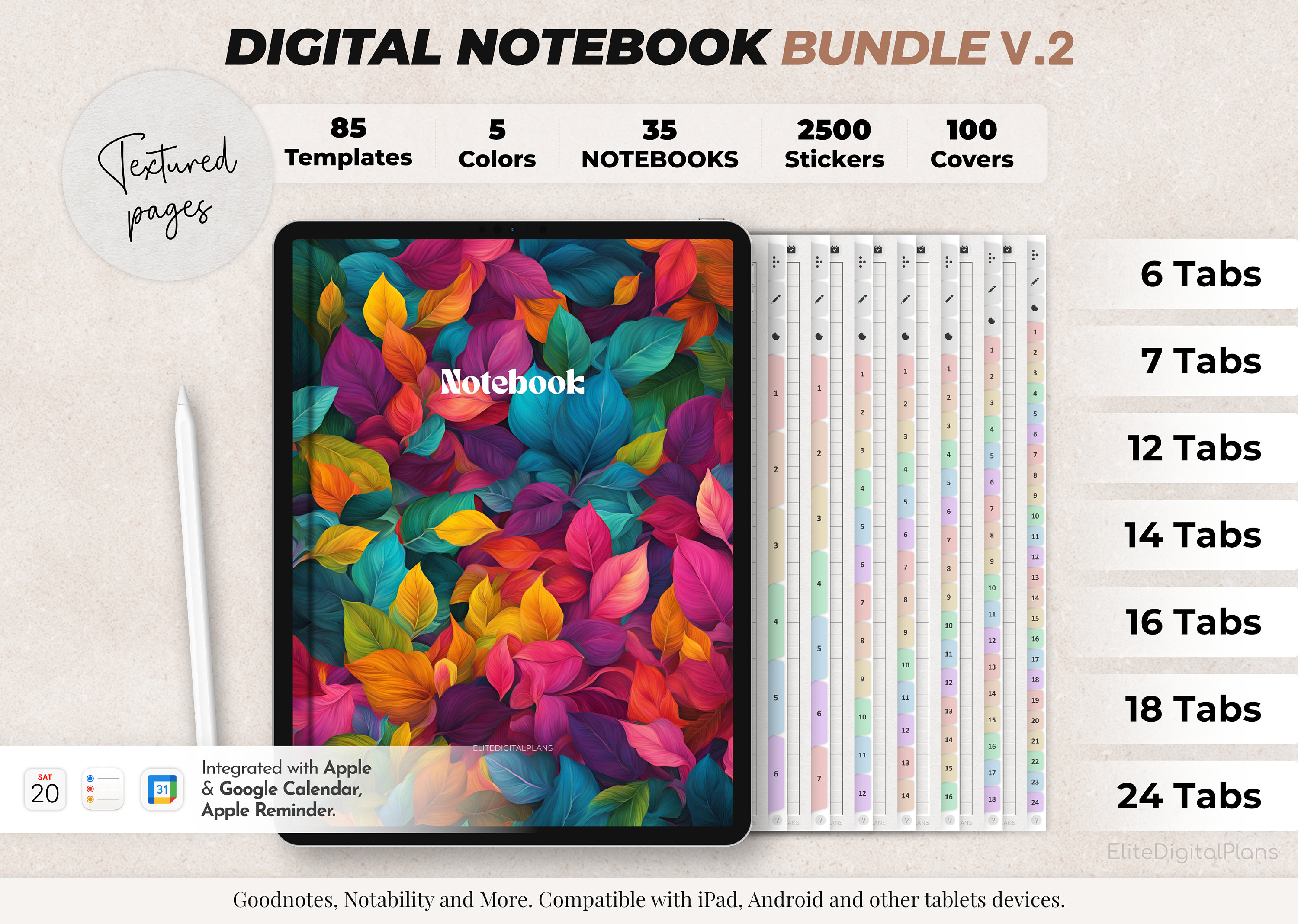 Digital Notebook Bundle with 6, 7, 12, 14, 16, 18, 24 Tabs. Student notebook, Goodnotes notebook iPad, Android and more annotation apps.