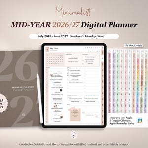 May include: A digital planner for July 2026 through June 2027 displayed on a tablet screen with a stylus. The set includes a brown cover with the text 26 27, twelve color-themed tabbed pages, and bonus stickers for use with note-taking apps.