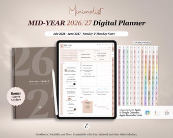 Puede incluir: Una agenda digital para julio de 2026 a junio de 2027 mostrada en una pantalla de tableta con un lápiz óptico. El conjunto incluye una portada marrón con el texto 26 27, doce páginas con pestañas de colores y pegatinas extra para tabletas.