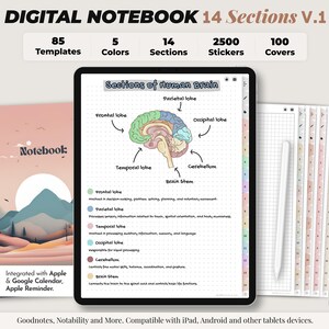 デジタル ノートブック、デジタル ノート、学生用ノートブック、ジャーナル、Notability テンプレート、GoodNotes テンプレート、iPad ノートブック - 14 セクション ノートブック V1
