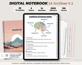 Digital Notebook, Digital Notes, Student notebook, Journal, Notability template, goodnotes template, iPad Notebook - 14 sections Notebook V1
