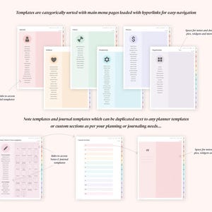 Może przedstawiać: Szablony planera cyfrowego na jasnor&oacute;żowym tle. Szablony są podzielone na kategorie z gł&oacute;wnymi stronami menu i hiperłączami ułatwiającymi nawigację. Obraz zawiera szablony dla stylu życia, finans&oacute;w i produktywności. Tekst zawiera "Miejsce na notatki i bazgroły, zdjęcia, widżety i więcej..."