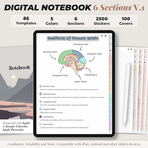 デジタル ノートブック、デジタル ノート、学生用ノートブック、ジャーナル、Notability テンプレート、GoodNotes テンプレート、iPad ノートブック - 6 セクション ノートブック V1
