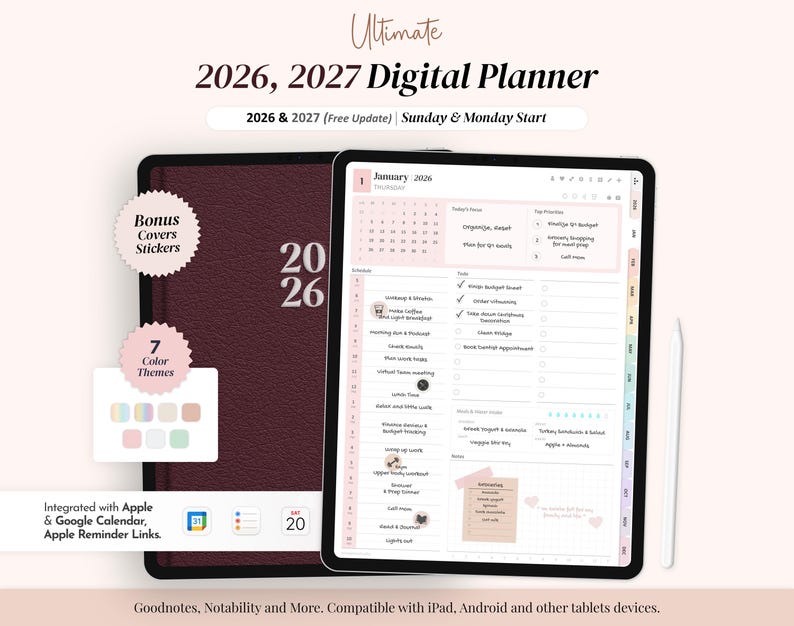 Cyfrowy planer na 2026 i 2027 rok | Estetyczny Goodnotes, Notability, planer na iPada i Androida | Minimalistyczny cyfrowy planer dzienny, tygodniowy, miesięczny zdjęcie 1
