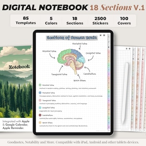 デジタル ノートブック、デジタル ノート、学生用ノートブック、ジャーナル、Notability テンプレート、GoodNotes テンプレート、iPad ノートブック - 18 セクション ノートブック V1