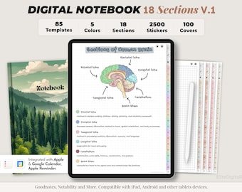 Digital Notebook, Digital Notes, Student notebook, Journal, Notability template, goodnotes template, iPad Notebook - 18 sections Notebook V1