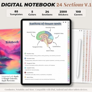 デジタル ノートブック、デジタル ノート、学生用ノートブック、ジャーナル、Notability テンプレート、GoodNotes テンプレート、iPad ノートブック - 24 セクション ノートブック V1